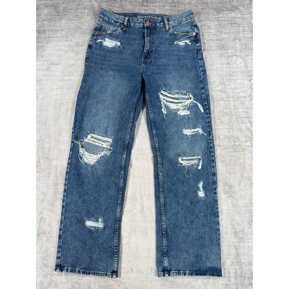 Aeropostale Jeans Womens 10 Blue 90s Baggy Distressed High Rise Wide Leg Denim